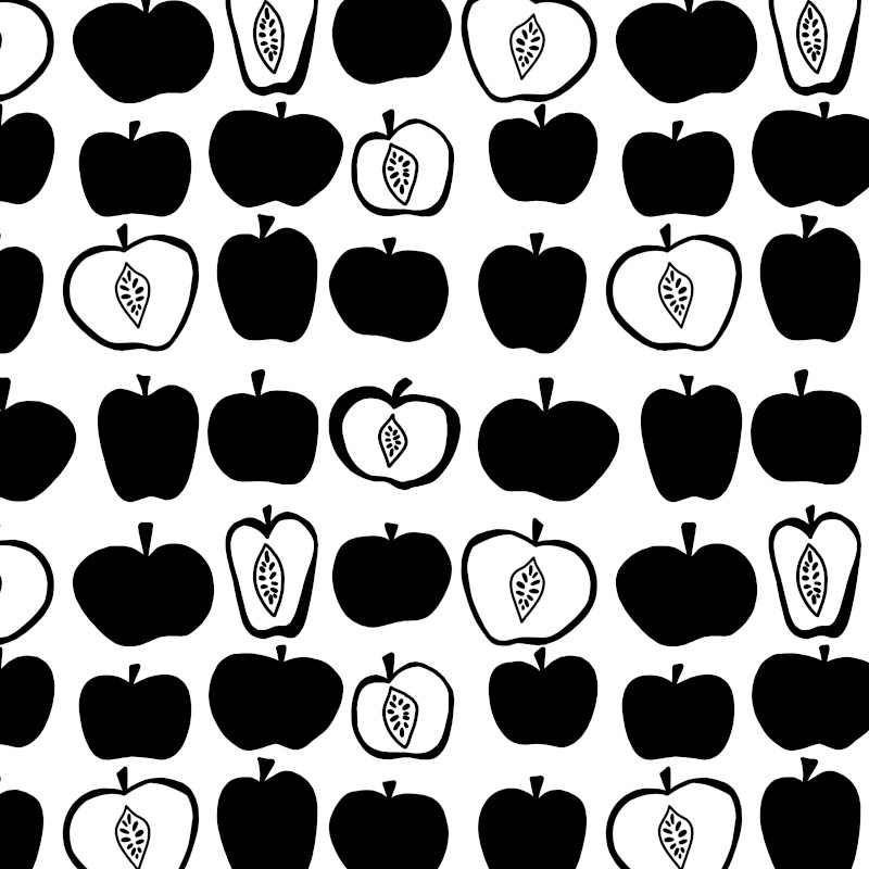 Illustrated black and white repeat pattern of stylised apples by Mervi Emilia Eskelinen