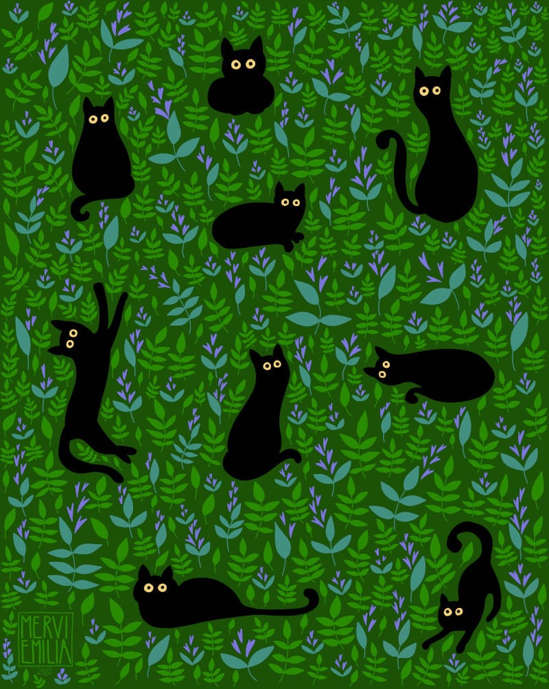 Cats & Catnip, a simplistic illustration of blobby black cats with big round eyes surrounded by stylised green and purple catnip plants by Mervi Emilia Eskelinen