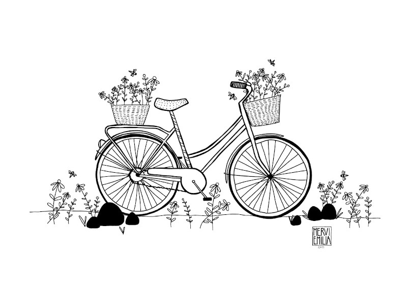 Flower Power Bicycle, a line art style black and white illustration of a cutesy bicycle with baskets full of and surrounded by flowers and bees by Mervi Emilia Eskelinen