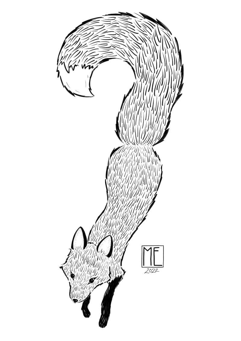 Fox Tattoo, black and white line illustration of a fox running down with its tail curled like a question mark by Mervi Emilia Eskelinen
