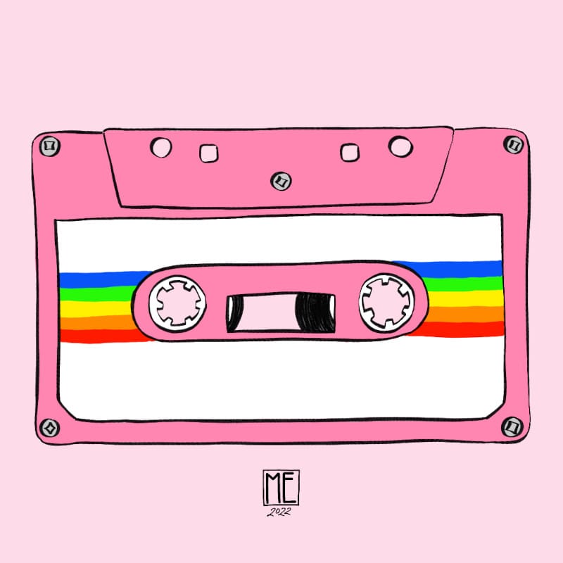 Music, illustration of a pink cassette tape with a rainbow coloured stripe over a white label area on a lighter pink background by Mervi Emilia Eskelinen