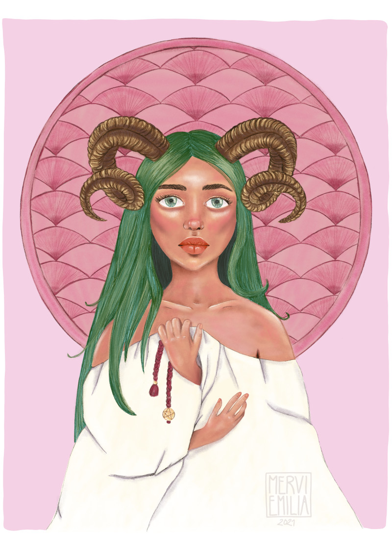 Occultist, digital painting of a mysterious feminine person with long green hair, ram horns and green eyes wrapped in a creamy fabric, holding a red thread with pentagram on the end of it on a pink art deco style background by Mervi Emilia Eskelinen
