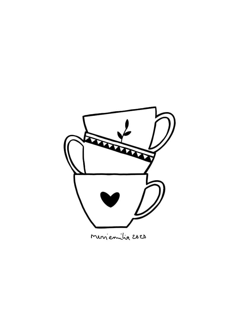 A black and white line drawing style illustration of three same shape coffee cups piled up, with the bottom one decorated with a heart, middle one with a triangle stripe and the top one with a plant illustration by Mervi Emilia Eskelinen