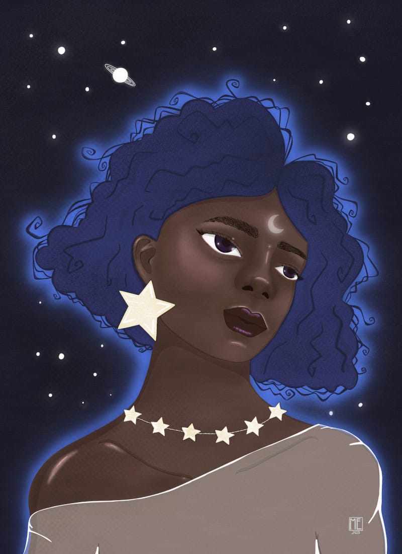 An artwork of a beautiful Black woman with blue bob hair and a moon on her forehead, looking beyond you towards right of the image with tilted head and slight smile, wearing a light see through shirt or dress which has fallen off her right shoulder and pale stars on her ears and around her neck, and there's a blue glow around her over a dark blue background with shiny dots and planets on it by Mervi Emilia Eskelinen