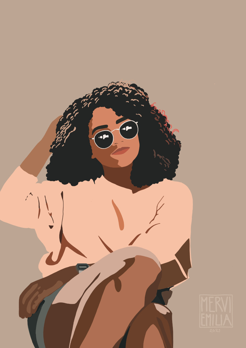 Sitting Pretty, colour block style illustration of a young Black woman sitting and wearing cool sunglasses by Mervi Emilia Eskelinen