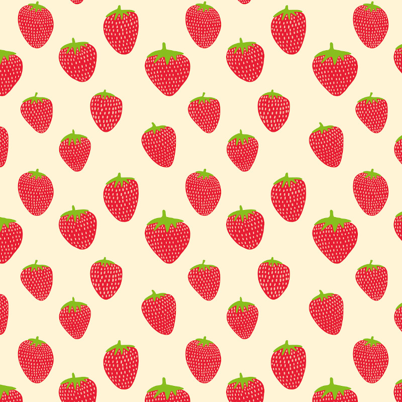 Illustrated repeat pattern of simplistic juicy red strawberries with green stems on a creamy background by Mervi Emilia Eskelinen