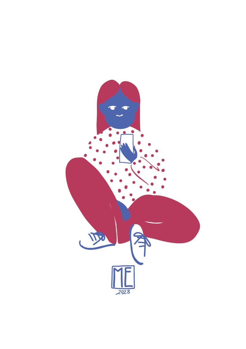 Tap Tap, a two colour illustration of a blue skin person with red long straight hair, wearing a red dotted shirt, red pants and shoes with blue laces and soles sitting with one knee up holding a smartphone in their left hand on a white background by Mervi Emilia Eskelinen